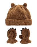 Kit Gorro + Par de Luvas Infantil Pelúcia Marrom Tam 2 a 4